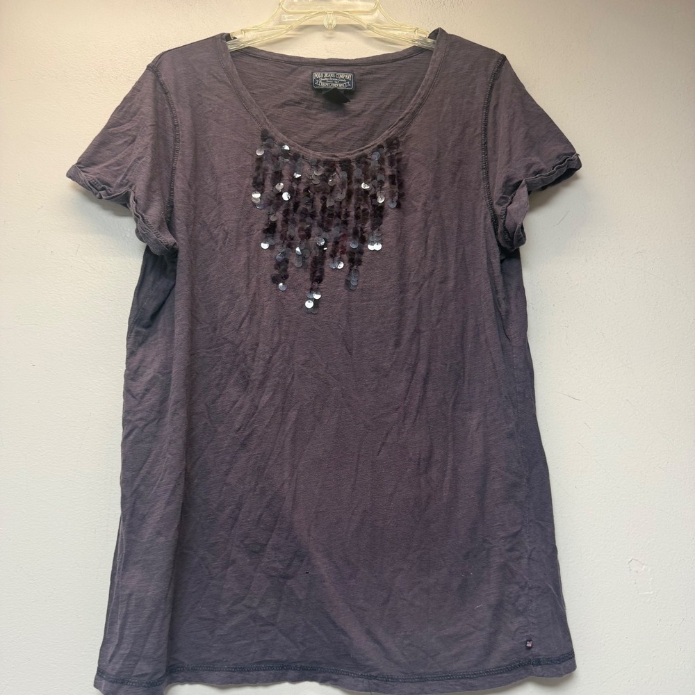 Polo Jeans Company T-Shirt Womens XL Gray Excellent Sequin Fringe Ralph Lauren
